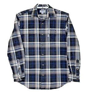 Carhartt Button Up Flannel Shirt Mens Medium Black Blue Plaid Long Sleeve Pocket